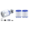Faucet water filter purifier with a metal body and two white cylindrical filters with blue caps