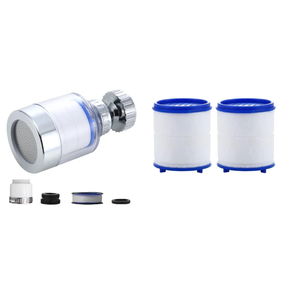 Faucet water filter purifier with a metal body and two white cylindrical filters with blue caps