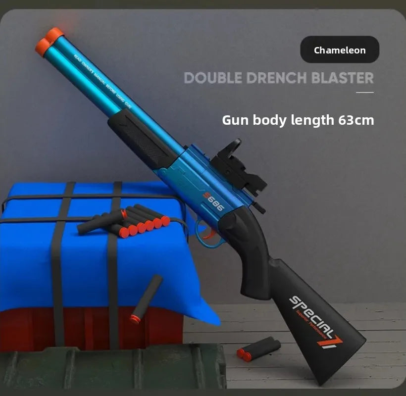 A blue and black double drench blaster rifle with an orange barrel is shown next to a blue box.