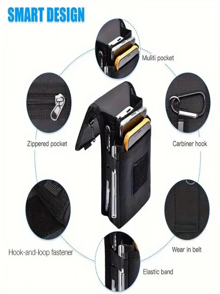 Pochette de téléphone noire multifonction avec compartiments : poche zippée, multi-poche, crochet carbiner.