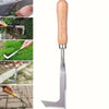 L-shaped stainless steel weeding tool used for clearing garden gaps and weeds.