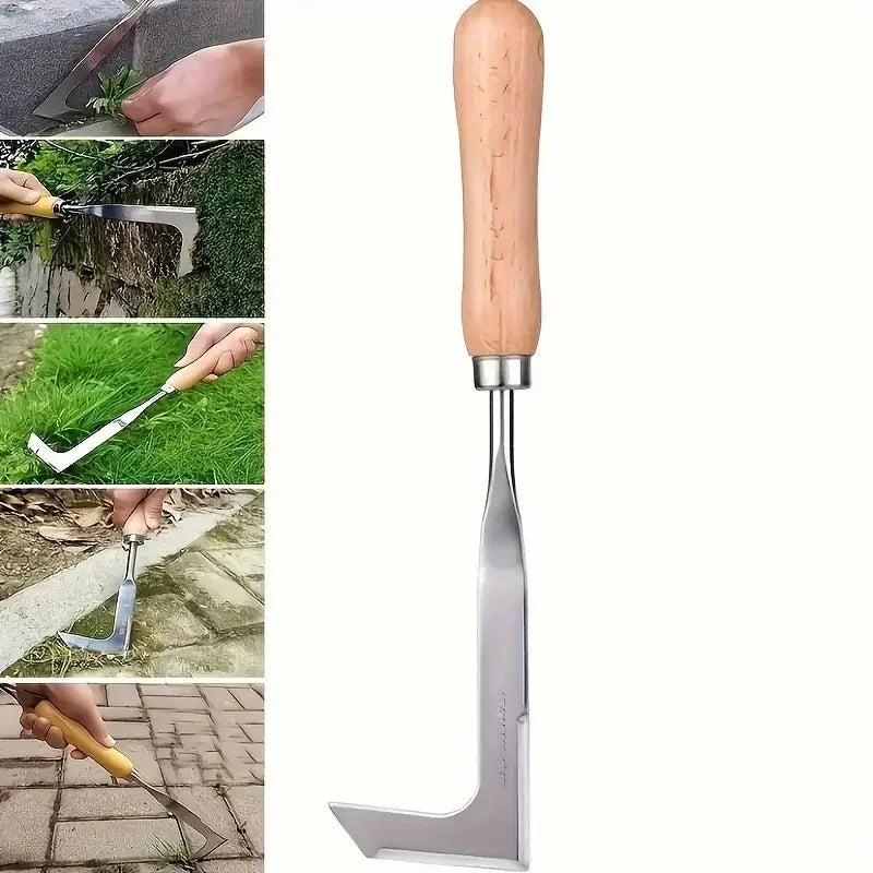 L-shaped stainless steel weeding tool used for clearing garden gaps and weeds.