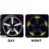 Day and night views of a reflective wheel hub sticker set for car and motorcycle wheels