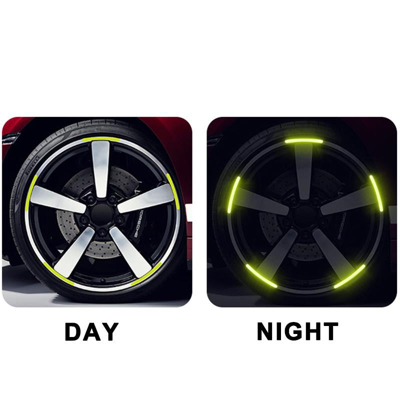 Day and night views of a reflective wheel hub sticker set for car and motorcycle wheels