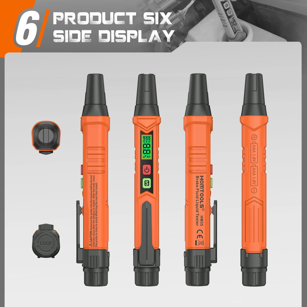 Six orange digital brake fluid testers shown vertically against a gray background.