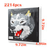 A framed mosaic wall art kit featuring a wolf head made of 2214 interlocking plastic building blocks.