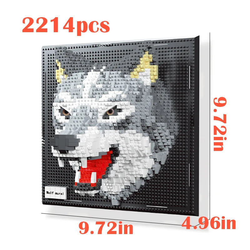 A framed mosaic wall art kit featuring a wolf head made of 2214 interlocking plastic building blocks.