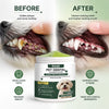 A jar of Kriath Pet Dental Cleaning Powder shown next to a dog's mouth before and after comparison.