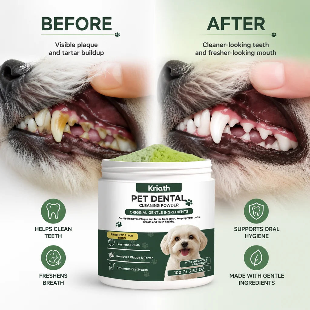 A jar of Kriath Pet Dental Cleaning Powder shown next to a dog's mouth before and after comparison.