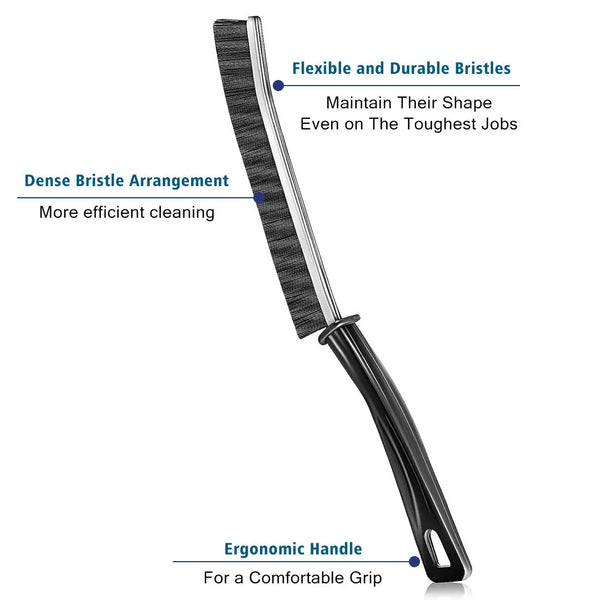 Angled crevice cleaning brush with stiff nylon bristles featuring a flexible design and ergonomic handle.