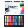 A watercolor paint set featuring 36 colors and watercolor paper, displayed with a palette of solid colored paints.
