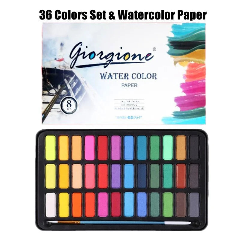 A watercolor paint set featuring 36 colors and watercolor paper, displayed with a palette of solid colored paints.