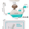 A white and teal compact hand-operated yarn ball winder device shown with its dimensions.