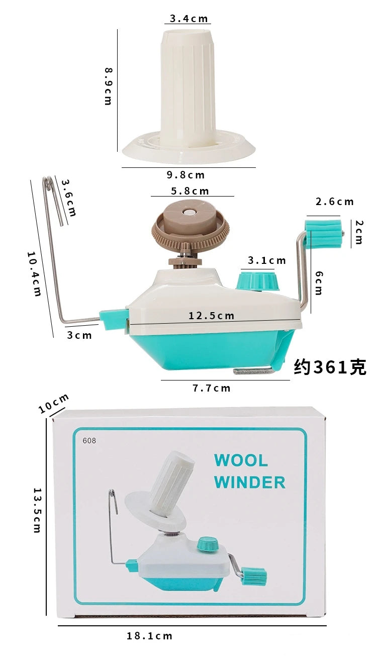 A white and teal compact hand-operated yarn ball winder device shown with its dimensions.