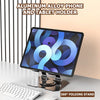 An aluminum alloy phone and tablet holder with a 360° folding stand shown on a desk.