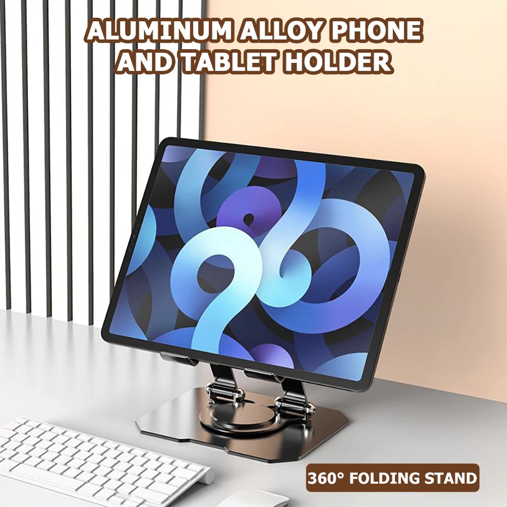 An aluminum alloy phone and tablet holder with a 360° folding stand shown on a desk.