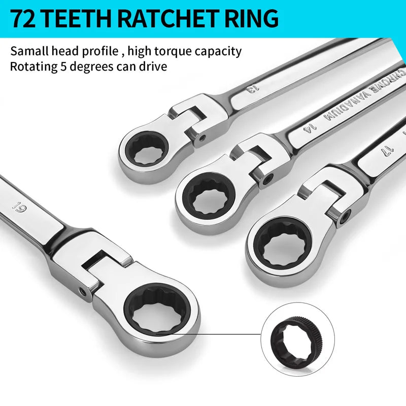 A set of metal ratcheting rings and wrenches demonstrating the 72-teeth mechanism for driving.