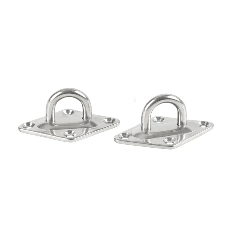 Two stainless steel U-shaped hooks with mounting hardware