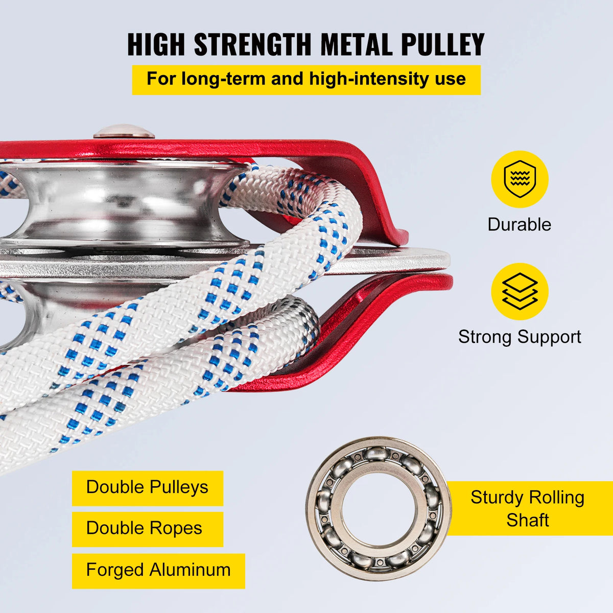 A close-up view of a high strength metal pulley system featuring double pulleys, double ropes, and a forged aluminum sturdy r