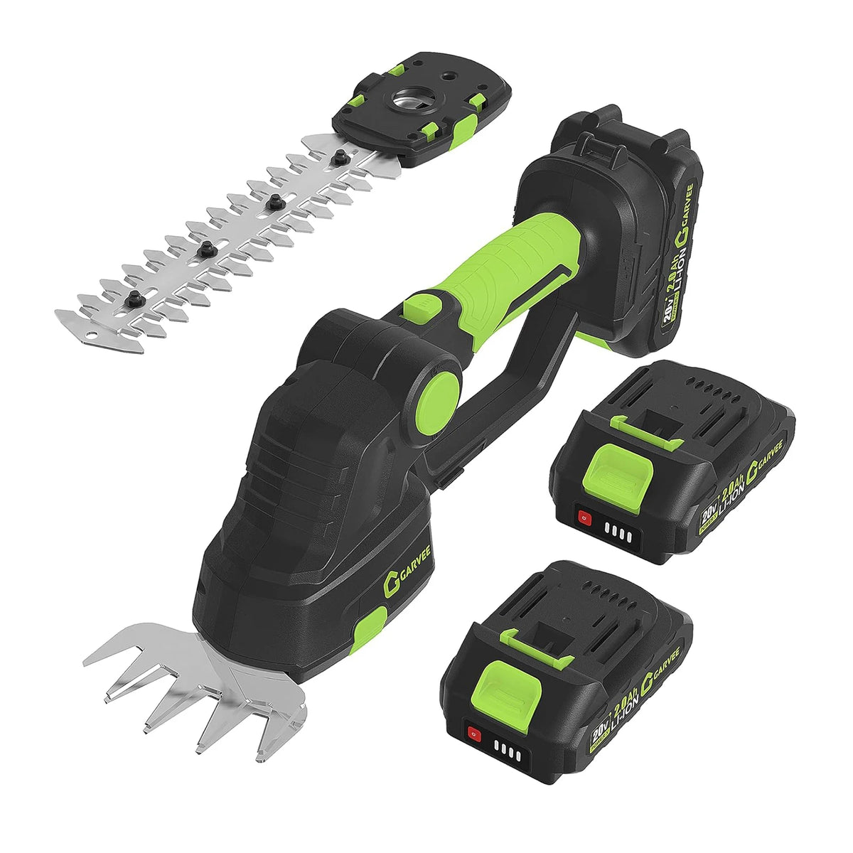 A black and lime green 2-in-1 cordless grass shear and hedge trimmer with two batteries and a metal blade.