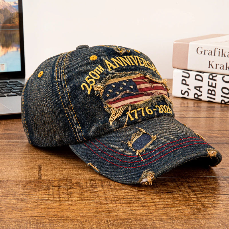 Vintage USA Flag 250th Anniversary Distressed Denim Baseball Cap