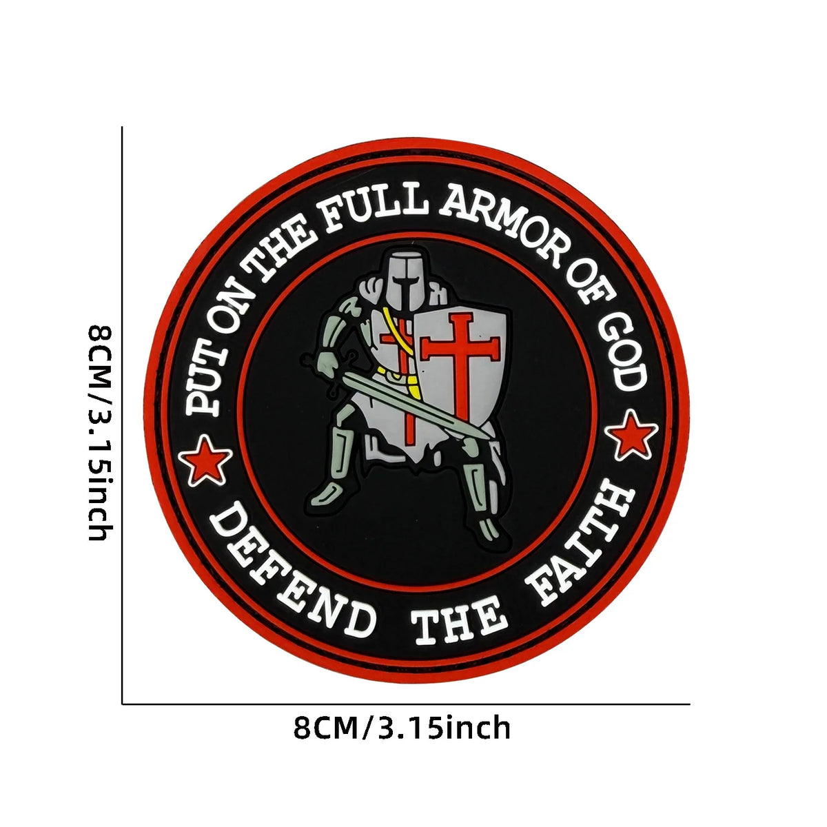 An embroidered patch featuring a shield with a cross and a sword, surrounded by text that reads Put on the full armor of God 