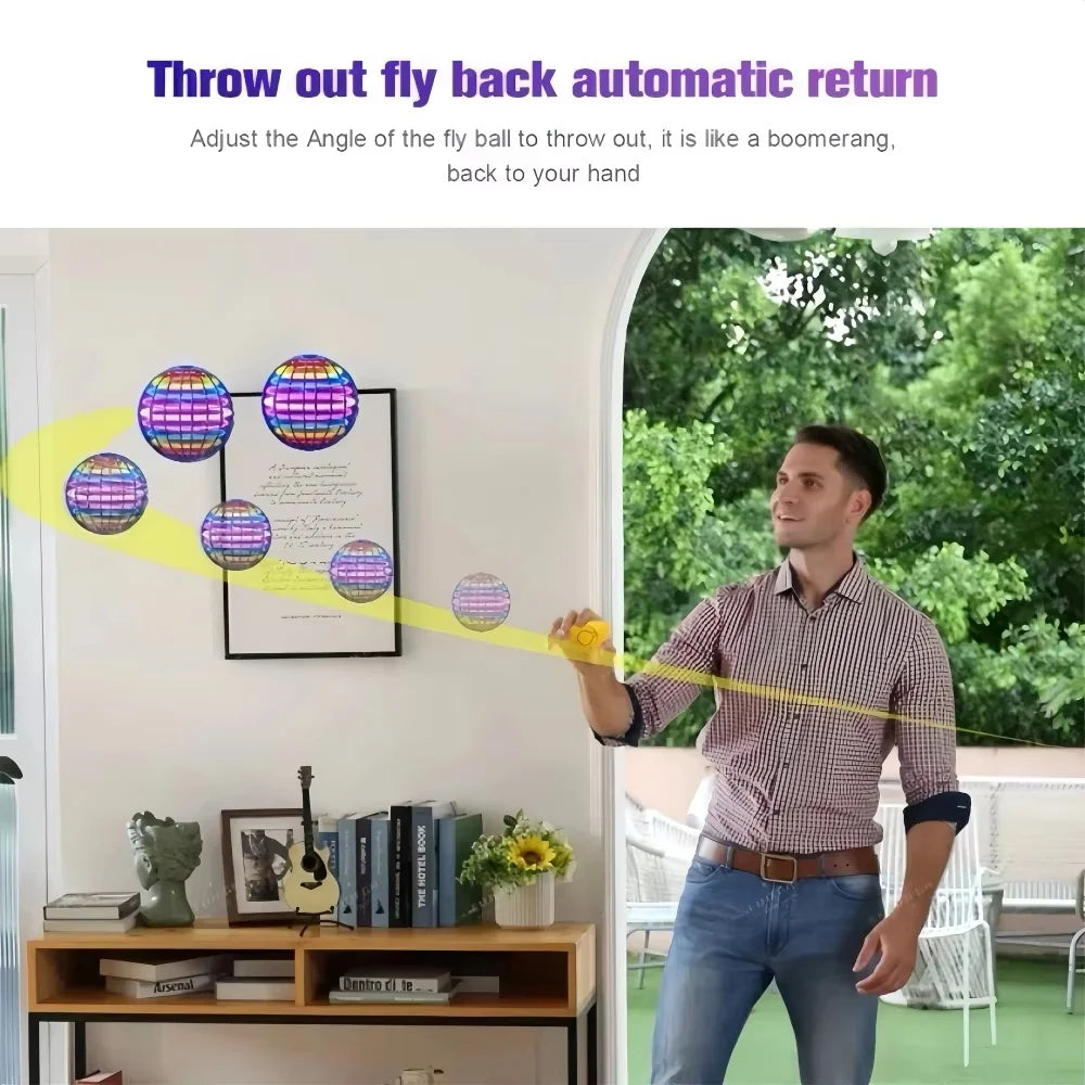 A man demonstrates a flying hover ball, showing the automatic return feature with a yellow measuring tape.