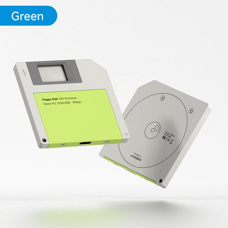 A green M.2 SSD enclosure device shown against a white background.