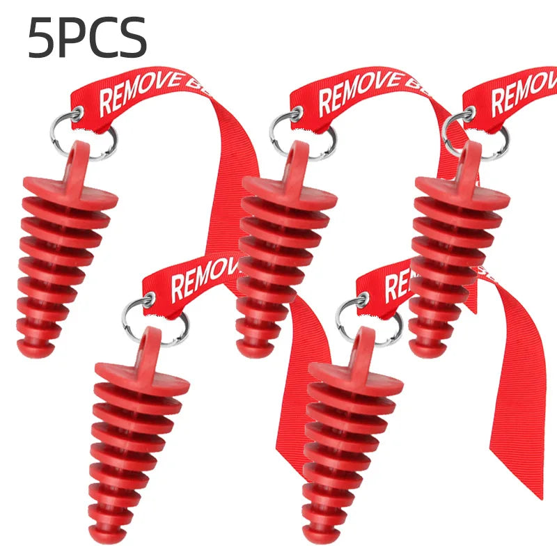 Five red rubber exhaust wash plugs with keychain tags for motorcycles and dirt bikes