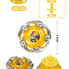 A set of metal spinning tops featuring yellow and silver components, including a launcher and various designs.