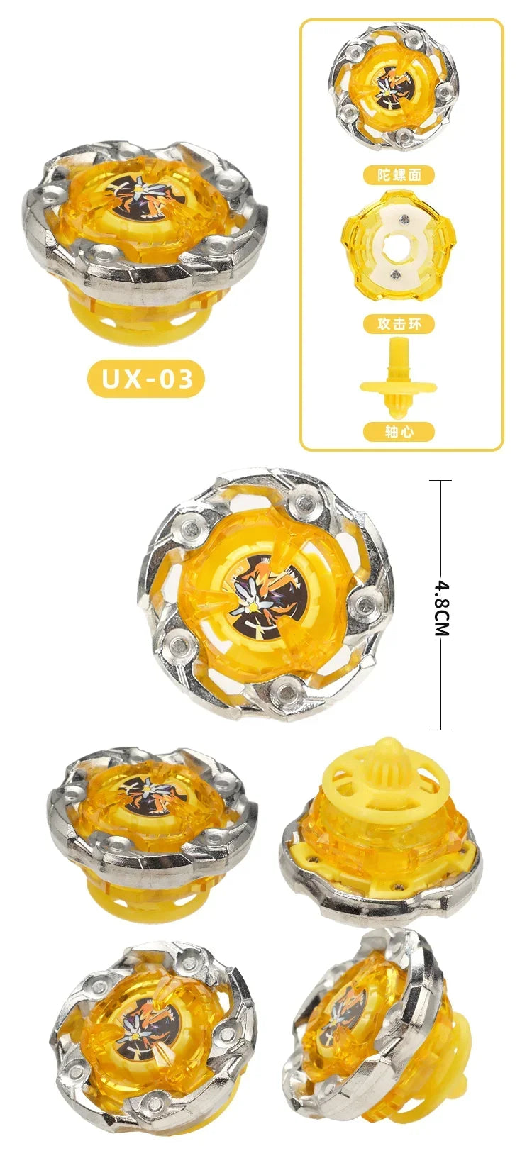 A set of metal spinning tops featuring yellow and silver components, including a launcher and various designs.