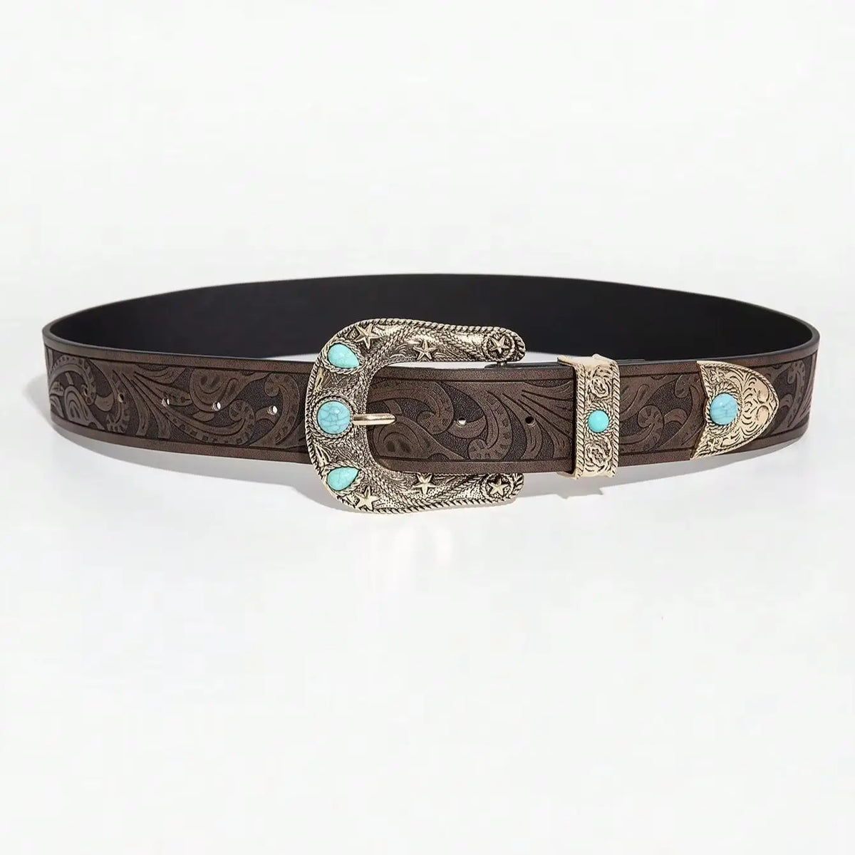 Vintage PU Leather Belt with Carved Buckle for Women