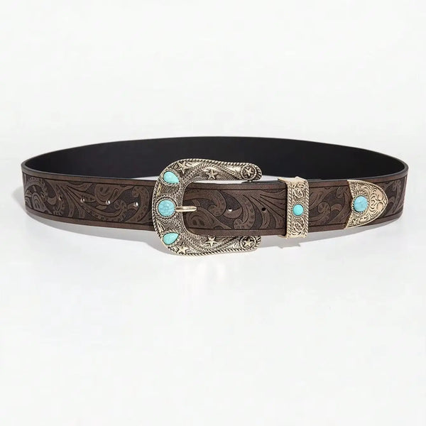 Vintage PU Leather Belt with Carved Buckle for Women