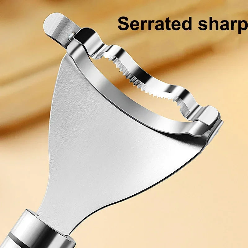 Close-up of a stainless steel serrated sharp corn peeler tool.