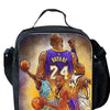 A black backpack featuring a graphic of several basketball players in purple and gold jerseys.
