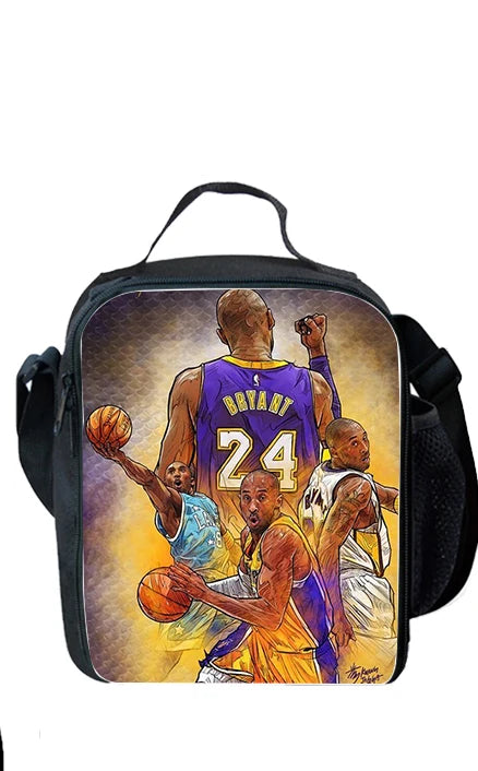 A black backpack featuring a graphic of several basketball players in purple and gold jerseys.