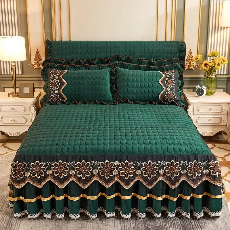 Crystal Velvet Gold Lace Bed Skirt with Anti-Slip Base