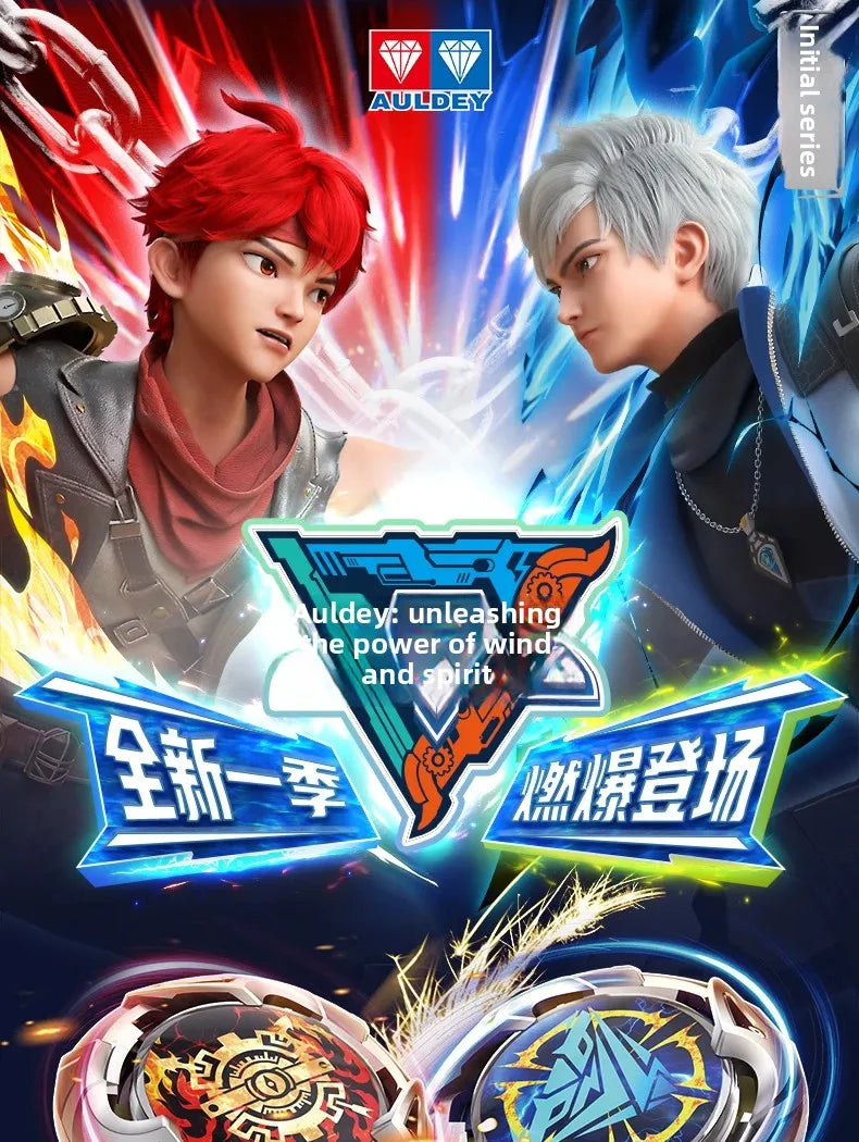Anime style illustration featuring two male characters in dynamic poses with glowing effects and a stylized logo