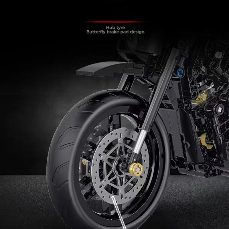 Close-up of a motorcycle wheel with a butterfly brake pad design on the hub tire.