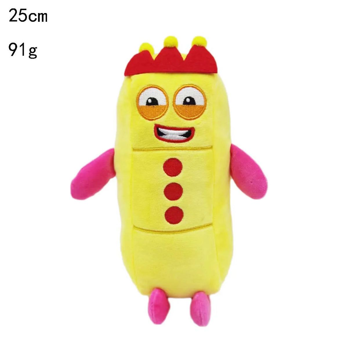 A yellow plush doll shaped like the number 1, featuring red accents and large eyes.