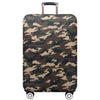 A camouflage patterned suitcase protector cover with a silver handle and wheels.