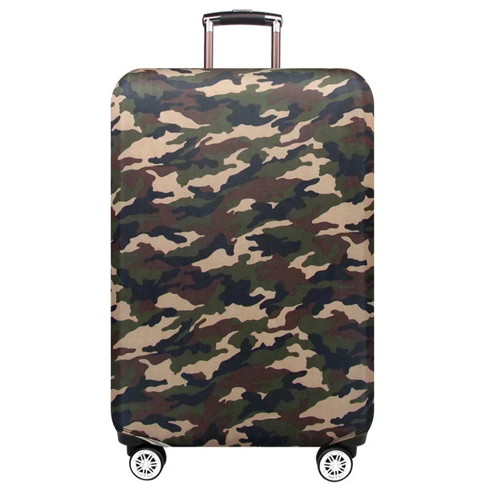 A camouflage patterned suitcase protector cover with a silver handle and wheels.