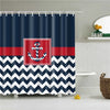 Geometric black and white fabric shower curtain featuring an anchor design on a navy blue background