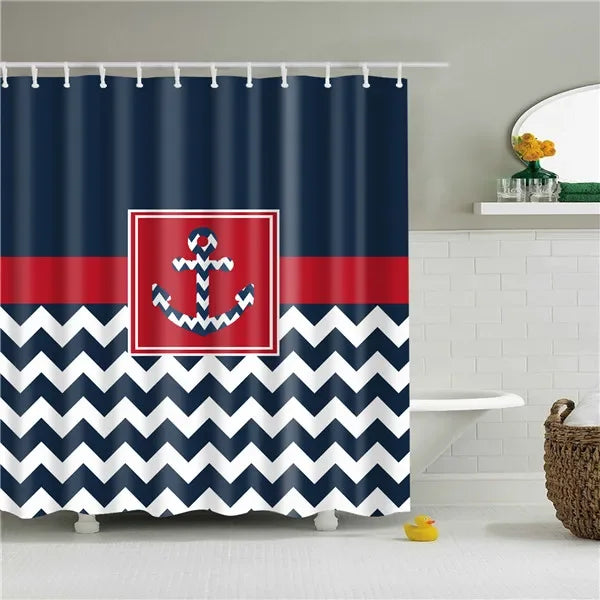 Geometric black and white fabric shower curtain featuring an anchor design on a navy blue background