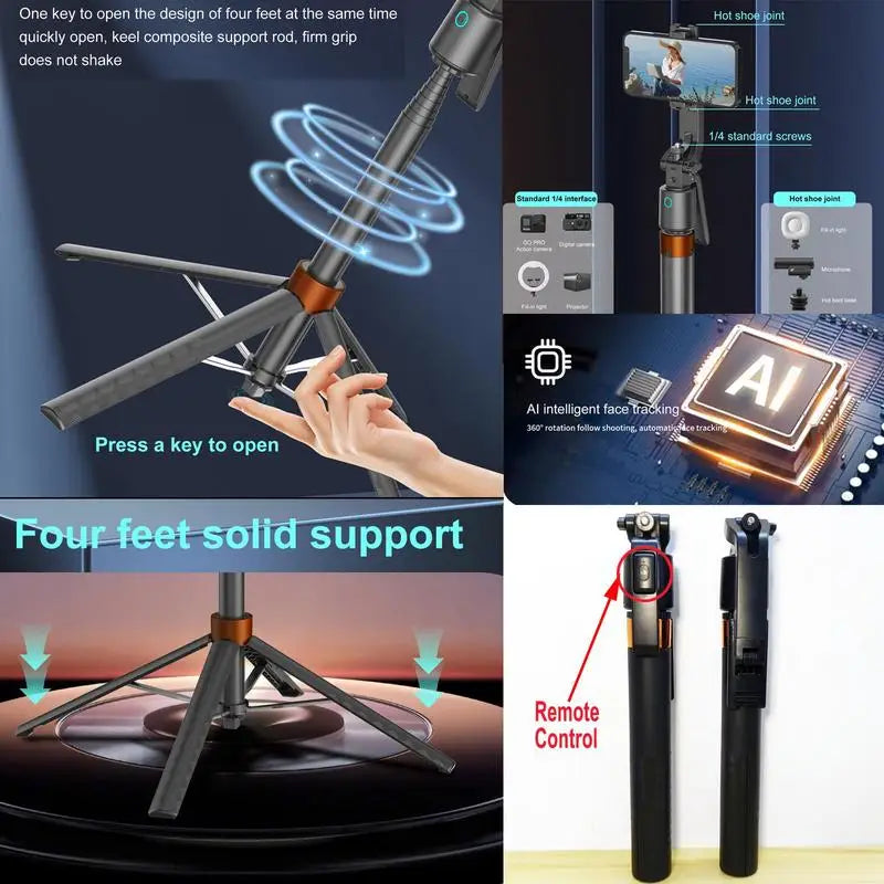 Trípode de selfie con cabeza para seguimiento 360 grados y luces LED duales, en varias configuraciones.