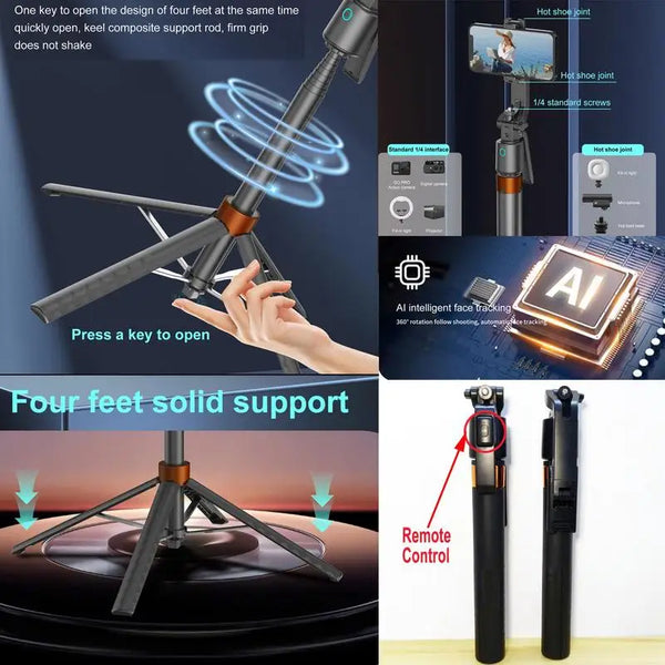 A selfie stick tripod with a head for 360 degree tracking and dual LED lights is shown in various configurations.
