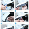 Installation procedure showing steps to install universal carbon fiber rain covers on a car side mirror.