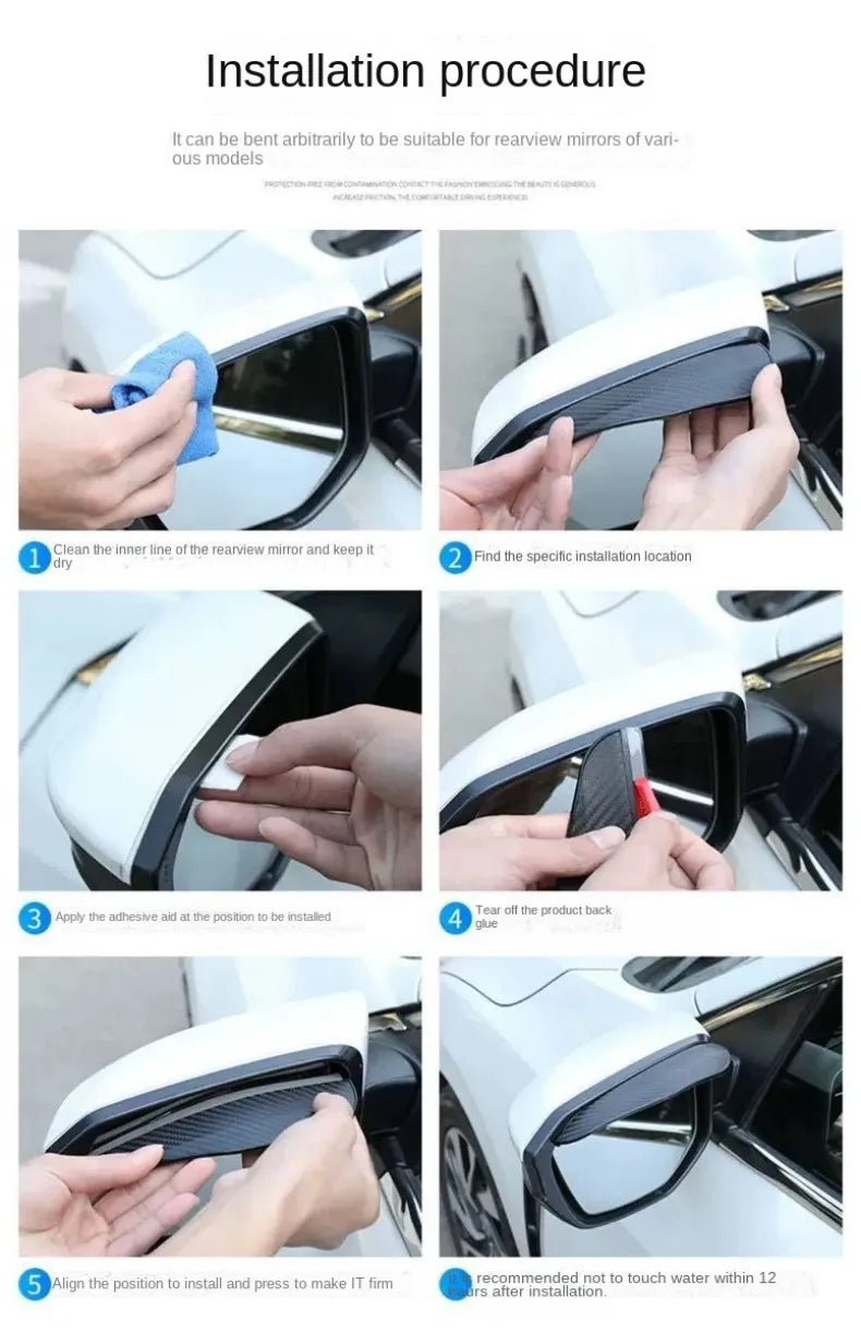 Installation procedure showing steps to install universal carbon fiber rain covers on a car side mirror.