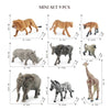 A mini set of nine realistic animal figurines including a lion, deer, elephant, zebra, and others for kids.