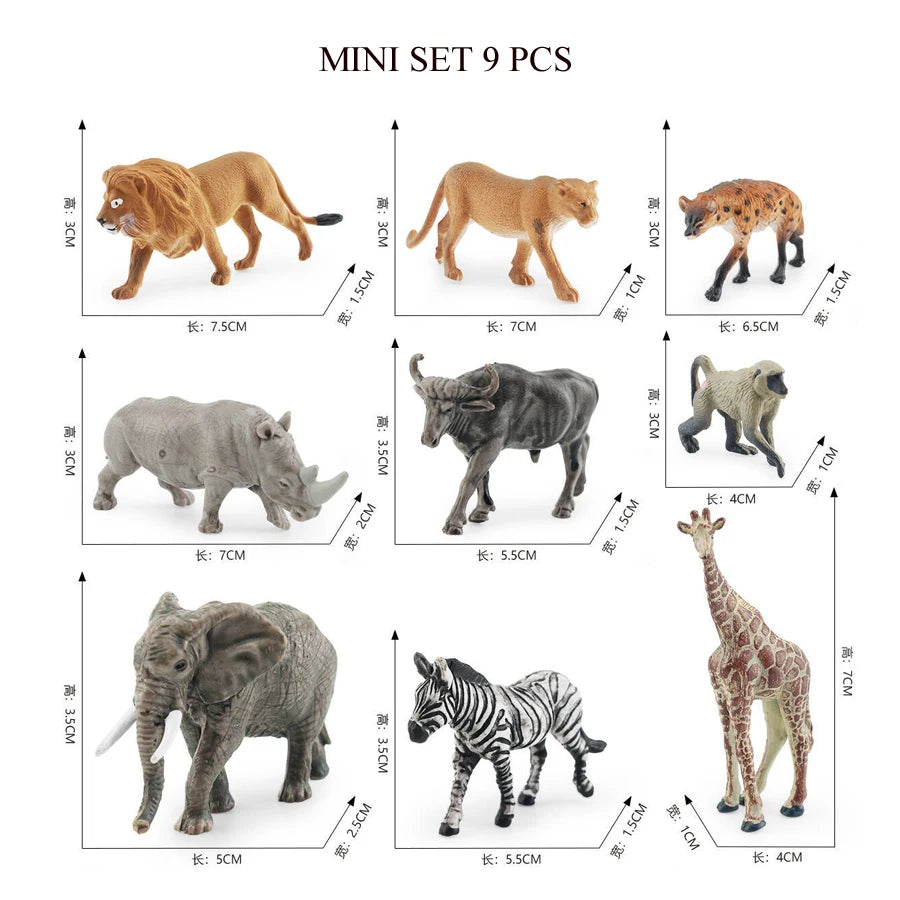 A mini set of nine realistic animal figurines including a lion, deer, elephant, zebra, and others for kids.